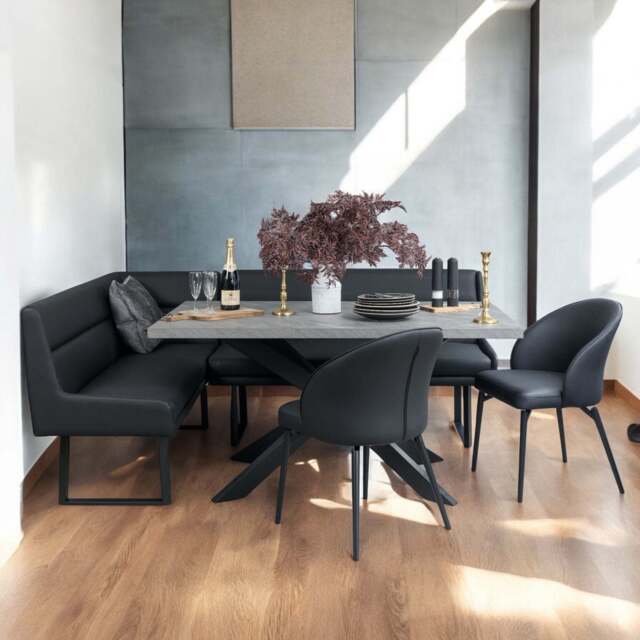 Jupiter 180cm - Faux Concrete - Dining Table & RHF Corner Bench with 2 Dining Chairs in Black - image 1
