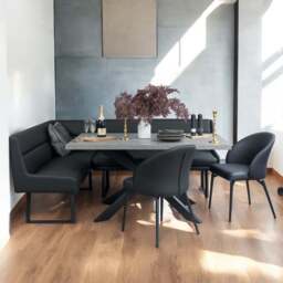 Jupiter 180cm - Faux Concrete - Dining Table & RHF Corner Bench with 2 Dining Chairs in Black - thumbnail 1