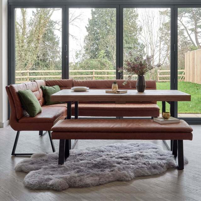 Adelaide 180-240cm Extending Dining Table with Industrial Corner Bench in Tan and 158cm Flat Bench - image 1