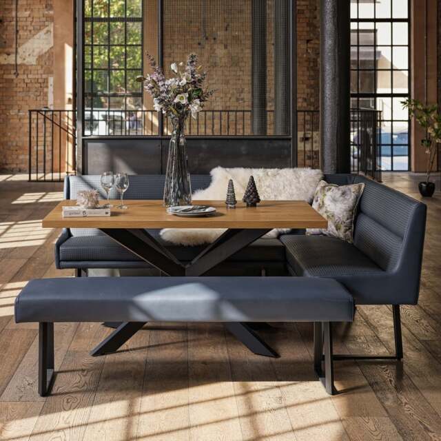 Jupiter Dining Set - Smoked Oak - With LHF Corner Bench & Low Bench in Blue - image 1