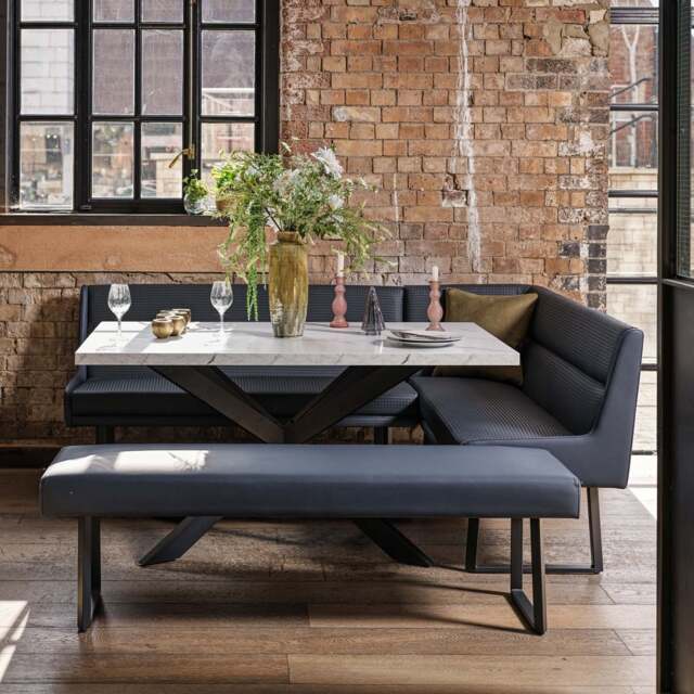 Jupiter Dining Set - Marble Effect - With LHF Corner Bench & Low Bench in Blue - image 1