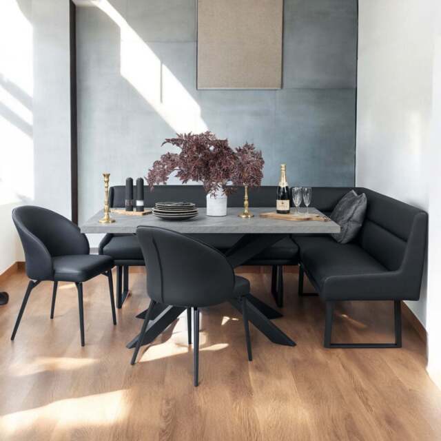 Jupiter 180cm - Faux Concrete - Dining Table & LHF Corner Bench with 2 Dining Chairs in Black - image 1