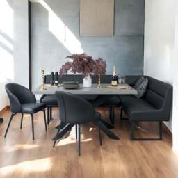 Jupiter 180cm - Faux Concrete - Dining Table & LHF Corner Bench with 2 Dining Chairs in Black - thumbnail 1