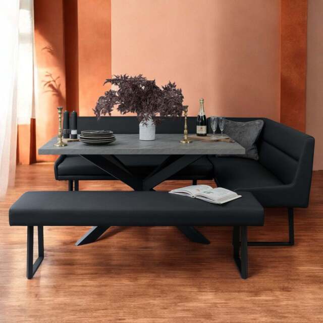 Jupiter 180cm - Faux Concrete - Dining Table & LHF Corner Bench with Flat Bench in Black - image 1