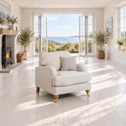 Eastbourne Armchair in Natural with Cove Grey Stripe Cushion - thumbnail 1