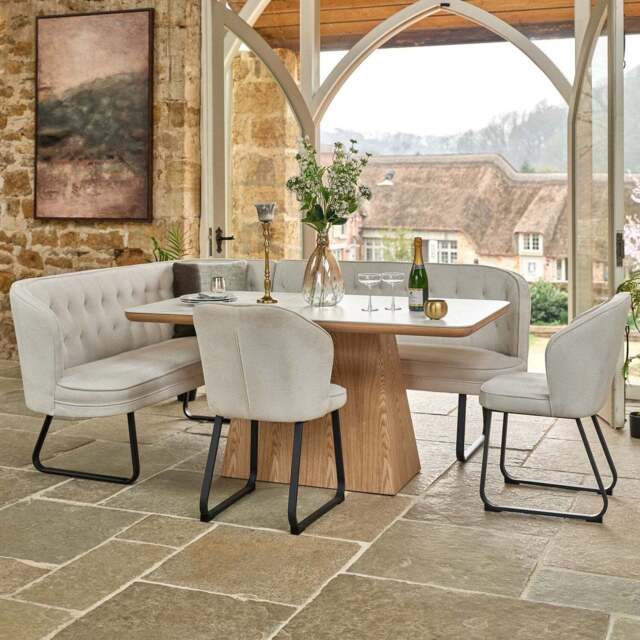 Sutton 160cm Dining Table - Ash with Frampton Corner Bench RHF & 2x Frampton Chairs in White - image 1
