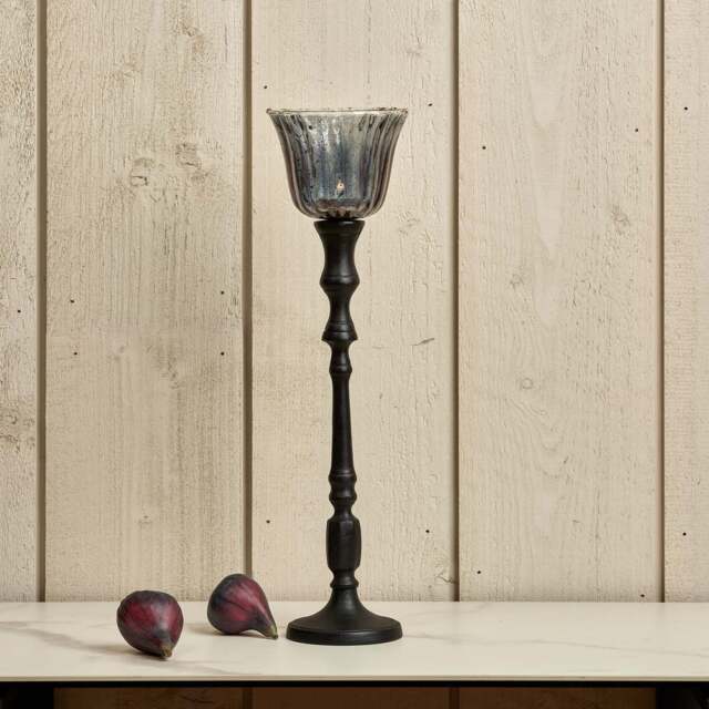 Heptagon Candle Stick in Black with Removable Lotus Bell Tealight Holder in Grey 37.5cm - image 1
