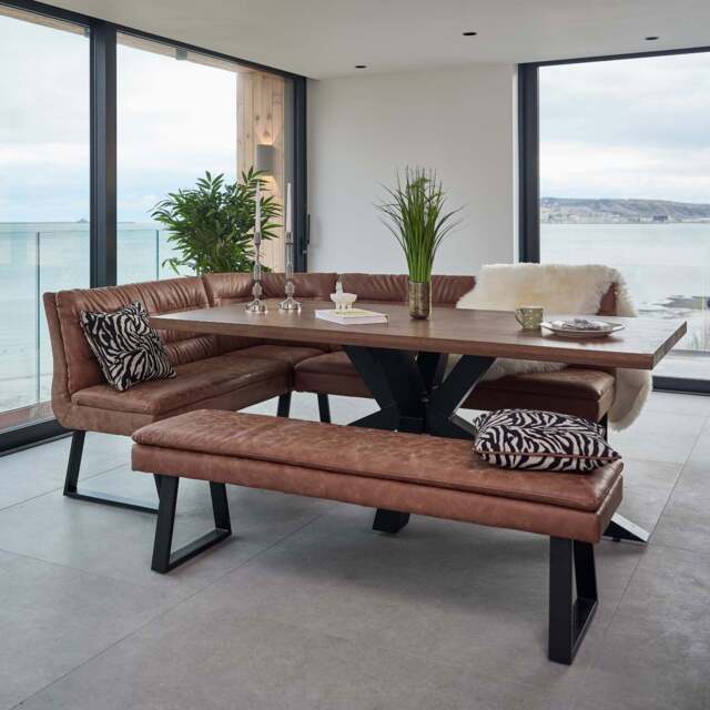 Soho Dining Table 200cm with Industrial Corner Bench and Industrial Low Bench - Tan - image 1