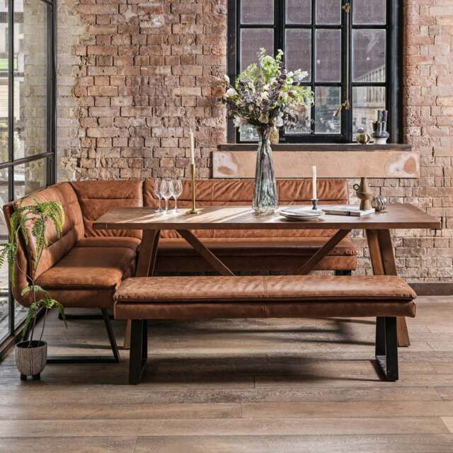 Brisbane 200cm Dining Table & Industrial Corner Bench with Low Bench in Tan - image 1