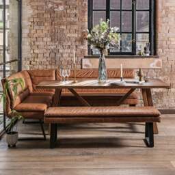 Brisbane 200cm Dining Table & Industrial Corner Bench with Low Bench in Tan - thumbnail 1