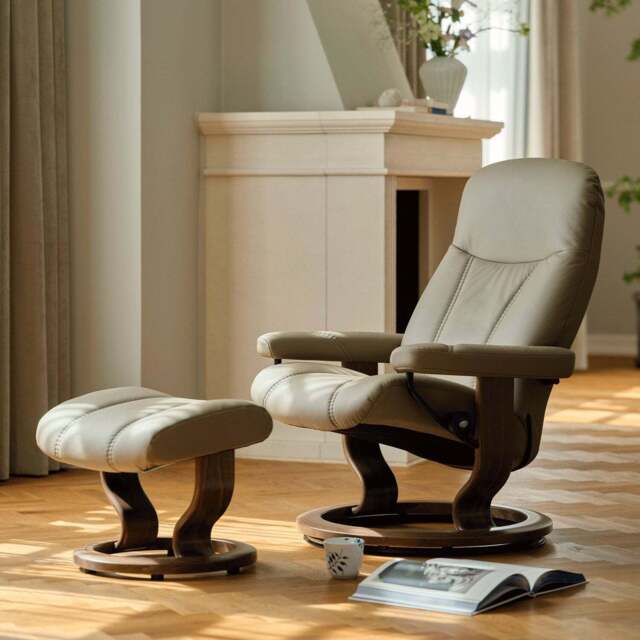 Medium Consul and Footstool with Classic Base in Batick Mole and Walnut Wood - image 1
