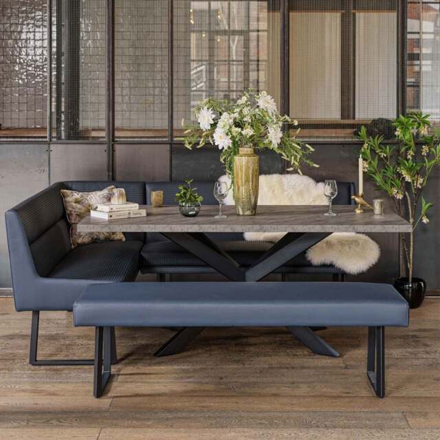 Jupiter Dining Set - Faux Concrete - With RHF Corner Bench & Low Bench in Blue - image 1