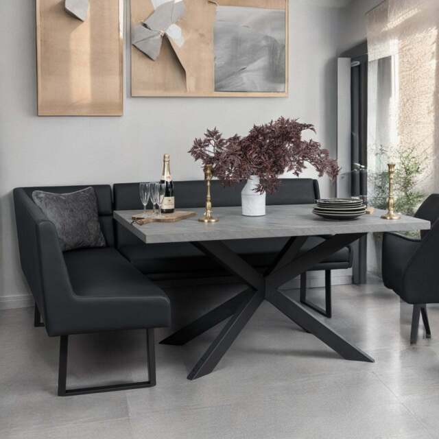 Jupiter 180cm - Faux Concrete - Dining Table & RHF Corner Bench in Black - image 1