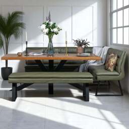Soho 200cm Dining Table with Industrial Corner Bench & Bench Seat in Olive