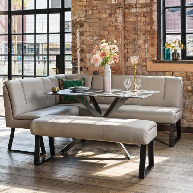 Saturn 135cm Dining Table Dark Grey & Sonoma Corner with Low Bench 140cm in Putty - image 1