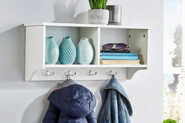 Wall Mounted Wooden Coat Hook Shelf - Space-Saving Entryway Storage in White or Grey, 60cm - image 1