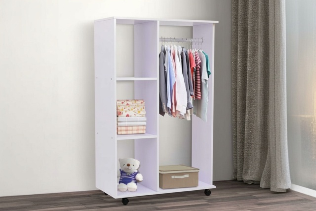 White Particle Board Open Wardrobe with Hanging Rail & 3 Cubbies - Modern Mobile Bedroom Storage on Wheels - image 1
