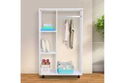 White Particle Board Open Wardrobe with Hanging Rail & 3 Cubbies - Modern Mobile Bedroom Storage on Wheels - thumbnail 4