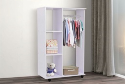 White Particle Board Open Wardrobe with Hanging Rail & 3 Cubbies - Modern Mobile Bedroom Storage on Wheels - thumbnail 1
