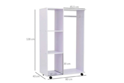 White Particle Board Open Wardrobe with Hanging Rail & 3 Cubbies - Modern Mobile Bedroom Storage on Wheels - thumbnail 6