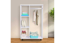 White Particle Board Open Wardrobe with Hanging Rail & 3 Cubbies - Modern Mobile Bedroom Storage on Wheels - thumbnail 8