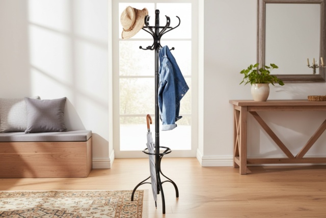 Solid Birch & Poplar Scandi Coat Stand - 12-Hook Bedroom Clothes & Hat Rack with Umbrella Holder, Compact Storage, Space-Saving Modern Stand - image 1