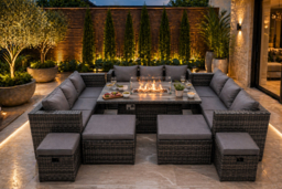 13-Seater Modern Rattan Fire Pit Dining Set with 4 Footstools - Weather-Resistant Outdoor Furniture - thumbnail 8