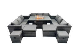 13-Seater Modern Rattan Fire Pit Dining Set with 4 Footstools - Weather-Resistant Outdoor Furniture - thumbnail 6