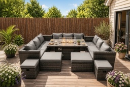13-Seater Modern Rattan Fire Pit Dining Set with 4 Footstools - Weather-Resistant Outdoor Furniture - thumbnail 1