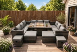 13-Seater Modern Rattan Fire Pit Dining Set with 4 Footstools - Weather-Resistant Outdoor Furniture - thumbnail 5