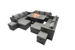 13-Seater Modern Rattan Fire Pit Dining Set with 4 Footstools - Weather-Resistant Outdoor Furniture - thumbnail 3