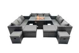 13-Seater Modern Rattan Fire Pit Dining Set with 4 Footstools - Weather-Resistant Outdoor Furniture - thumbnail 2