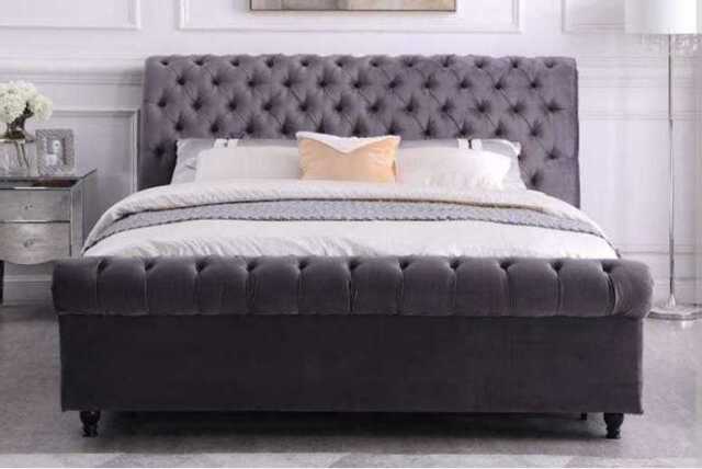 Grey Velvet Upholstered Double Bed Frame - High Headboard, Contemporary Bedroom Furniture - image 1