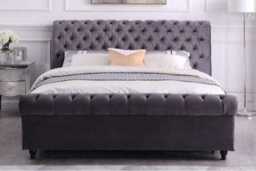 Grey Velvet Upholstered Double Bed Frame - High Headboard, Contemporary Bedroom Furniture - thumbnail 1