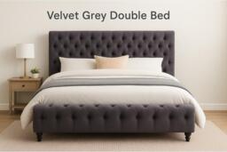 Grey Velvet Upholstered Double Bed Frame - High Headboard, Contemporary Bedroom Furniture - thumbnail 2