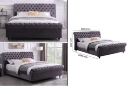 Grey Velvet Upholstered Double Bed Frame - High Headboard, Contemporary Bedroom Furniture - thumbnail 8