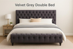 Grey Velvet Upholstered Double Bed Frame - High Headboard, Contemporary Bedroom Furniture - thumbnail 6