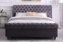 Grey Velvet Upholstered Double Bed Frame - High Headboard, Contemporary Bedroom Furniture - thumbnail 5
