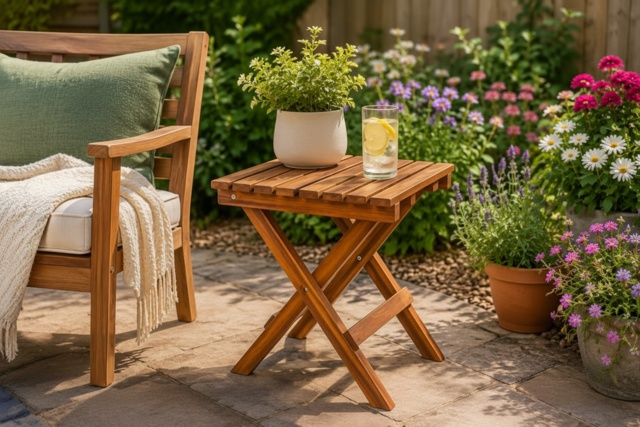 Folding Acacia Wood Outdoor Side Table - Lightweight, Foldable, Rustic Garden Furniture - image 1