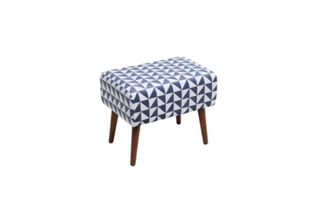 Chic Mid-Century Ottoman with Blue Lattice and Walnut Rubberwood Legs - image 1
