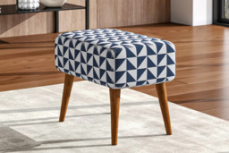 Chic Mid-Century Ottoman with Blue Lattice and Walnut Rubberwood Legs - thumbnail 3