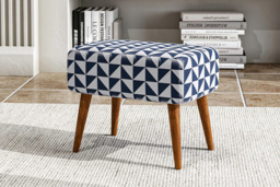 Chic Mid-Century Ottoman with Blue Lattice and Walnut Rubberwood Legs - thumbnail 2