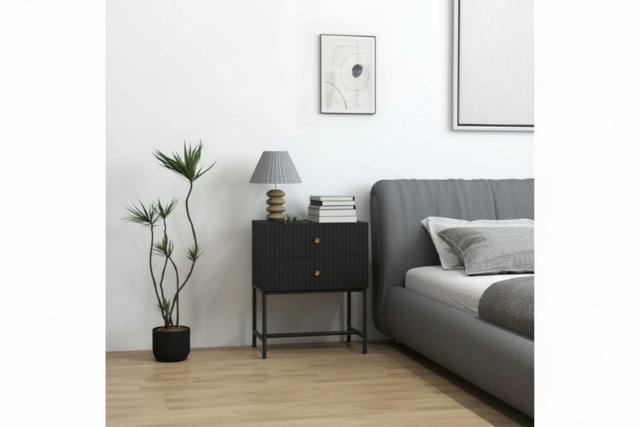 Elegant Black MDF Two-Drawer Bedside Table with Metal Base - Contemporary Bedroom Storage, Modern Nightstand - image 1