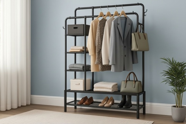 120Kg Capacity 4-In-1 Heavy-Duty Metal Clothes Rail With Side Shelves + Shoe Rack - 2 Colours! - image 1