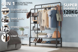 120Kg Capacity 4-In-1 Heavy-Duty Metal Clothes Rail With Side Shelves + Shoe Rack - 2 Colours! - thumbnail 4