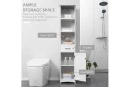 Tall Freestanding Bathroom Storage Tower - Modern White MDF Slimline Cabinet with Drawer & Shelves, 163cm - thumbnail 3