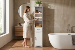 Tall Freestanding Bathroom Storage Tower - Modern White MDF Slimline Cabinet with Drawer & Shelves, 163cm - thumbnail 2