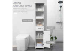 Tall Freestanding Bathroom Storage Tower - Modern White MDF Slimline Cabinet with Drawer & Shelves, 163cm - thumbnail 7