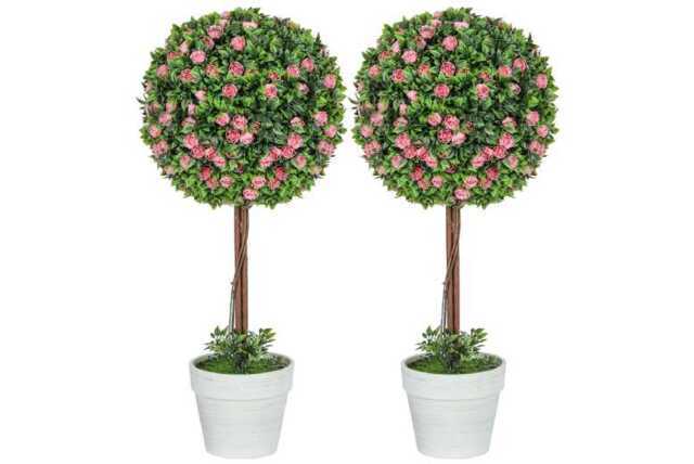 PRICE DROP! Set of 2 UV-Resistant Faux Ball Topiary Trees with Roses - 60cm Decorative Artificial Plants for Home & Garden - image 1