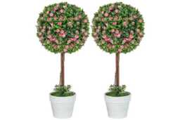 PRICE DROP! Set of 2 UV-Resistant Faux Ball Topiary Trees with Roses - 60cm Decorative Artificial Plants for Home & Garden - thumbnail 1